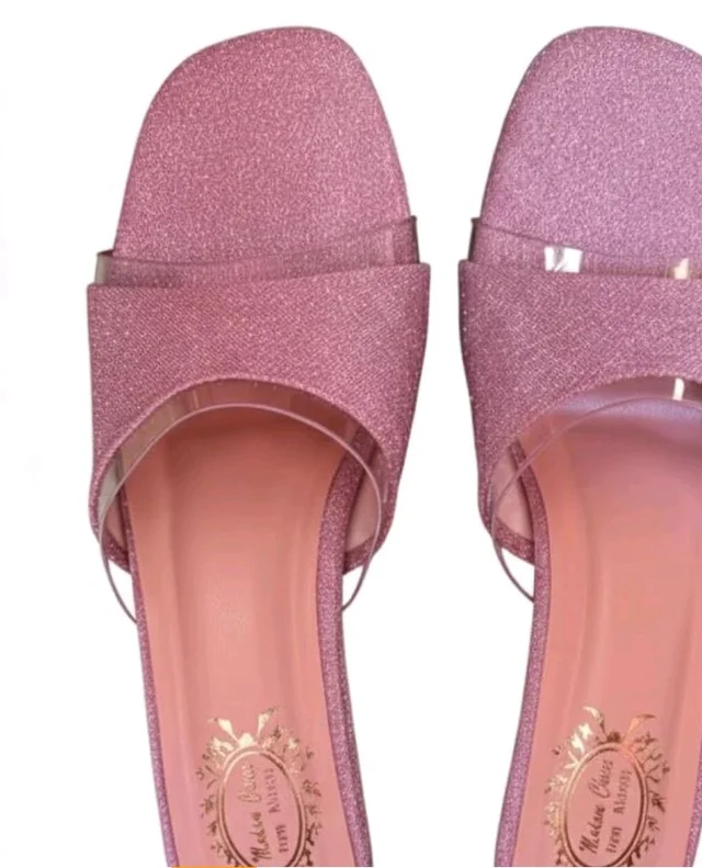 Women/Girl's Pink Sparkle Block Heel Mules | Clear Strap Open Toe Slip-On Sandal | Fancy Party & Casual Wear
- 8