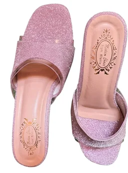Women/Girl's Pink Sparkle Block Heel Mules | Clear Strap Open Toe Slip-On Sandal | Fancy Party & Casual Wear
- 8