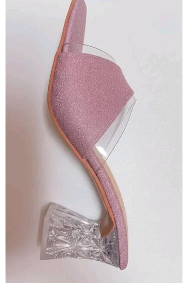 Women/Girl's Pink Sparkle Block Heel Mules | Clear Strap Open Toe Slip-On Sandal | Fancy Party & Casual Wear
- 8