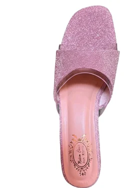 Women/Girl's Pink Sparkle Block Heel Mules | Clear Strap Open Toe Slip-On Sandal | Fancy Party & Casual Wear
- 8