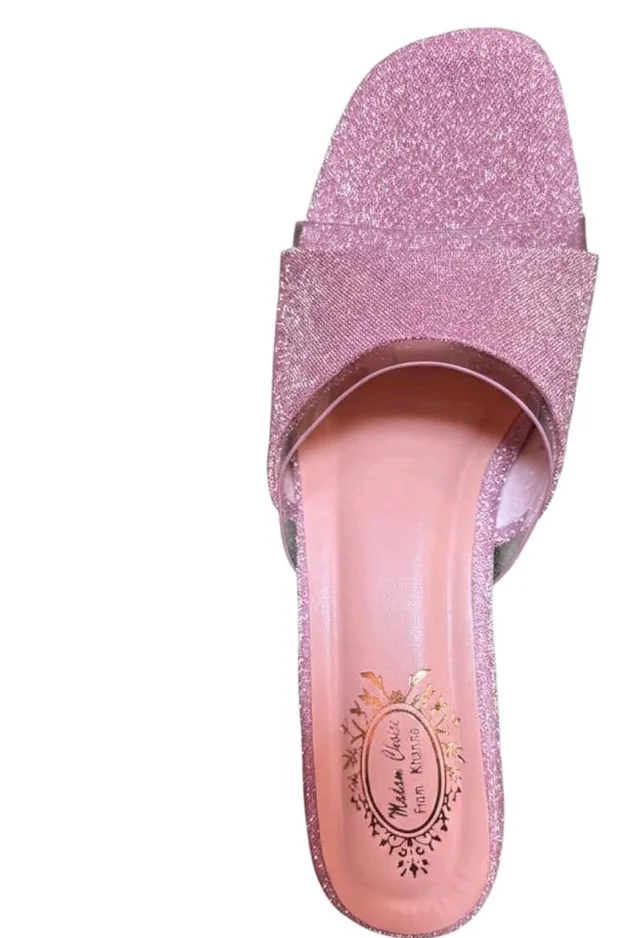 Women/Girl's Pink Sparkle Block Heel Mules | Clear Strap Open Toe Slip-On Sandal | Fancy Party & Casual Wear
- 8