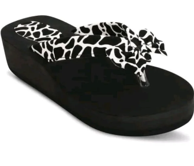 Women's Black and White Cheetah Print Platform Wedge Flip Flop Slippers with Bow Strap EVA Open Toe Footwear for Casual Wear - 11