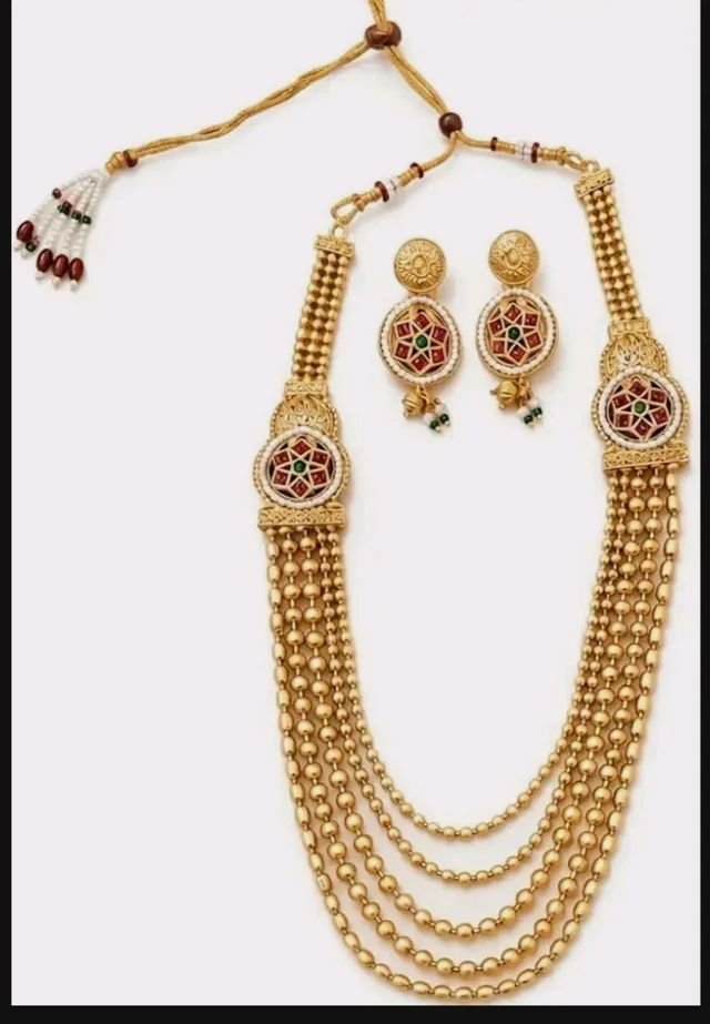 Kundan Meenakari Work, 5-Layer Bead Chain, Necklace Length 32 cm, Alloy Material, Includes Earrings