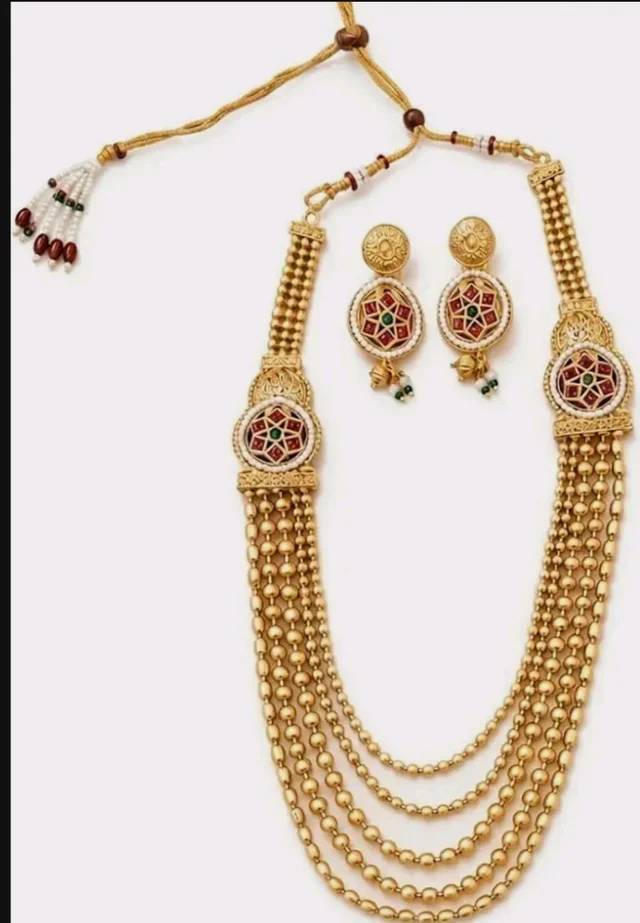 Kundan Meenakari Work, 5-Layer Bead Chain, Necklace Length 32 cm, Alloy Material, Includes Earrings