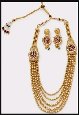 Kundan Meenakari Work, 5-Layer Bead Chain, Necklace Length 32 cm, Alloy Material, Includes Earrings