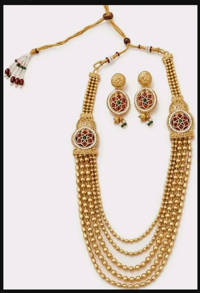 Kundan Meenakari Work, 5-Layer Bead Chain, Necklace Length 32 cm, Alloy Material, Includes Earrings