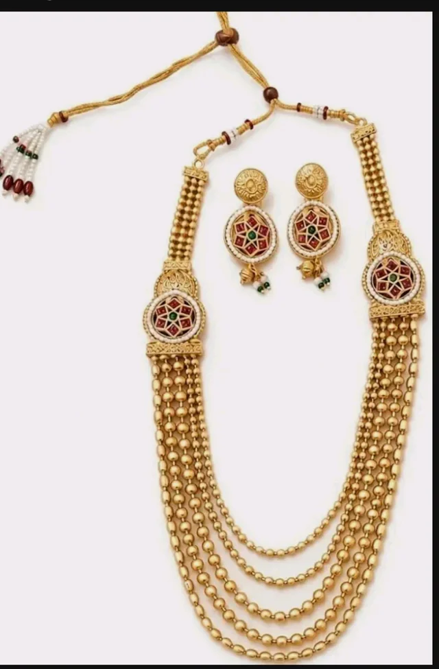 Kundan Meenakari Work, 5-Layer Bead Chain, Necklace Length 32 cm, Alloy Material, Includes Earrings