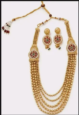 Kundan Meenakari Work, 5-Layer Bead Chain, Necklace Length 32 cm, Alloy Material, Includes Earrings