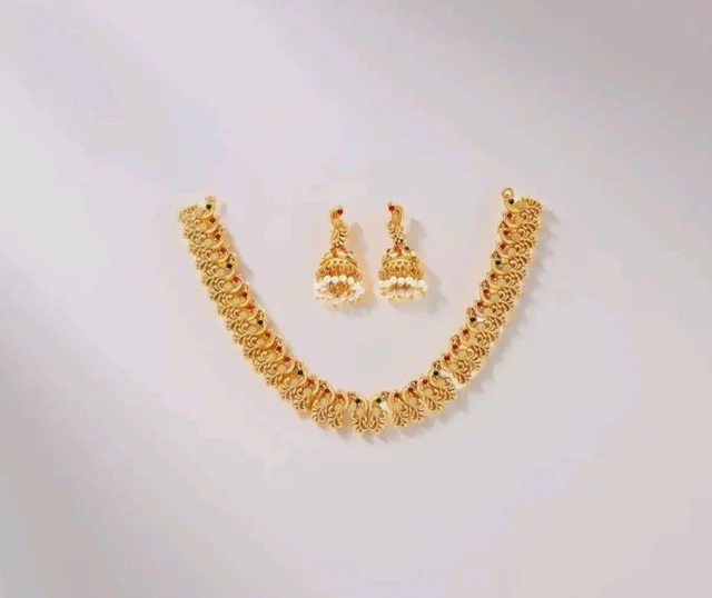 ZENEME Gold Plated Brass Gold Toned Floral Necklace Set with AD American Diamond for Women & Girls