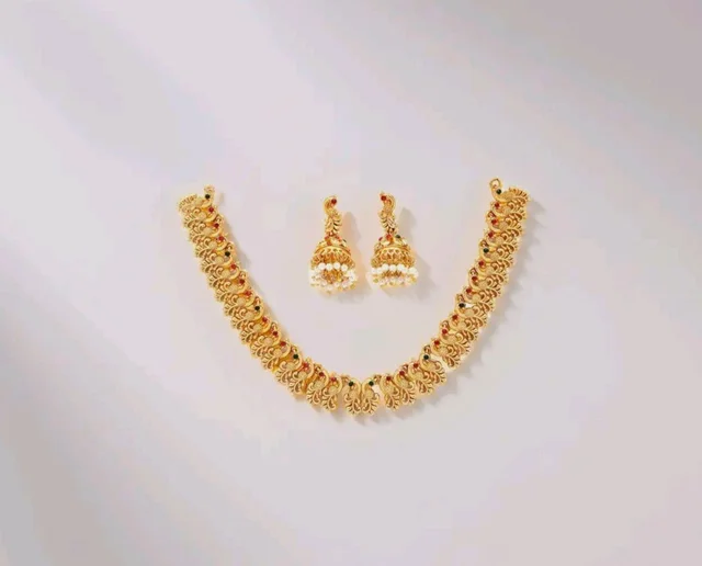 ZENEME Gold Plated Brass Gold Toned Floral Necklace Set with AD American Diamond for Women & Girls