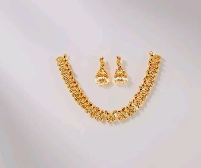 ZENEME Gold Plated Brass Gold Toned Floral Necklace Set with AD American Diamond for Women & Girls