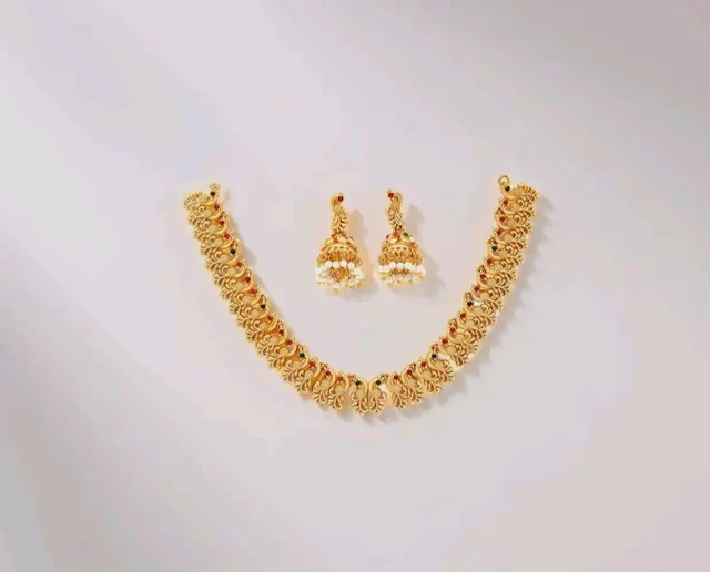 ZENEME Gold Plated Brass Gold Toned Floral Necklace Set with AD American Diamond for Women & Girls
