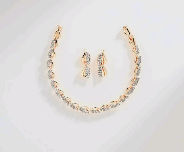 ZENEME Women American Diamond Studded Intrcately Designed Leaf Shaped Necklace With Earring Jewellery Set For Women and Girl (Style 4)
