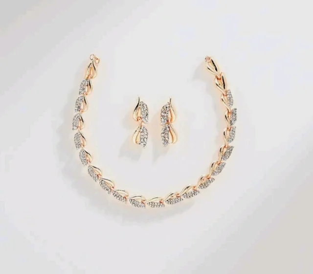 ZENEME Women American Diamond Studded Intrcately Designed Leaf Shaped Necklace With Earring Jewellery Set For Women and Girl (Style 4)