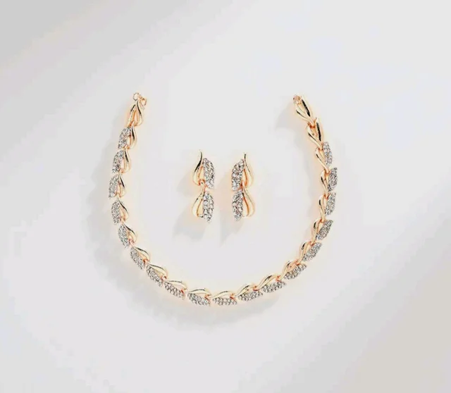 ZENEME Women American Diamond Studded Intrcately Designed Leaf Shaped Necklace With Earring Jewellery Set For Women and Girl (Style 4)