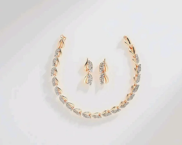 ZENEME Women American Diamond Studded Intrcately Designed Leaf Shaped Necklace With Earring Jewellery Set For Women and Girl (Style 4)