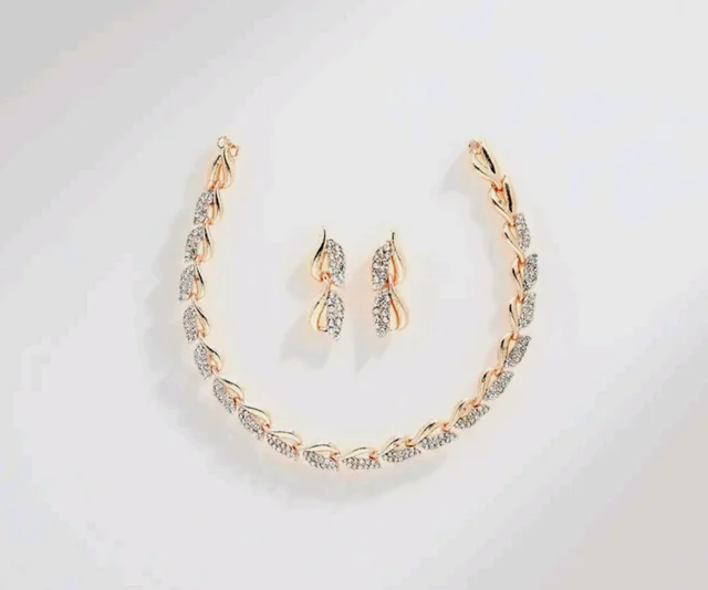 ZENEME Women American Diamond Studded Intrcately Designed Leaf Shaped Necklace With Earring Jewellery Set For Women and Girl (Style 4)