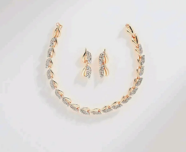 ZENEME Women American Diamond Studded Intrcately Designed Leaf Shaped Necklace With Earring Jewellery Set For Women and Girl (Style 4)