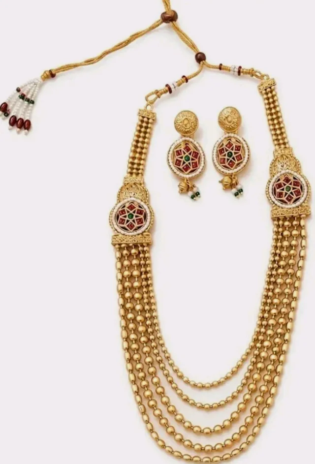 Kundan Meenakari Work, 5-Layer Bead Chain, Necklace Length 32 cm, Alloy Material, Includes Earrings