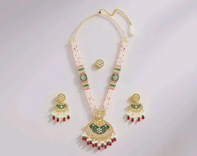 ZAVERI PEARLS Green Pink Meenakari Multistrand Beaded Bridal Kundan Long Necklace Earring & Ring Set For Women-ZPFK21763