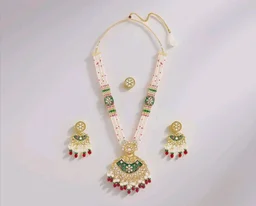 ZAVERI PEARLS Green Pink Meenakari Multistrand Beaded Bridal Kundan Long Necklace Earring & Ring Set For Women-ZPFK21763