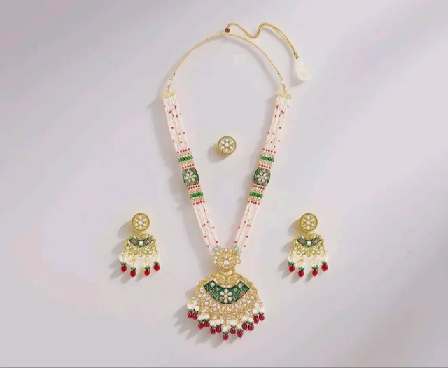 ZAVERI PEARLS Green Pink Meenakari Multistrand Beaded Bridal Kundan Long Necklace Earring & Ring Set For Women-ZPFK21763