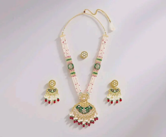 ZAVERI PEARLS Green Pink Meenakari Multistrand Beaded Bridal Kundan Long Necklace Earring & Ring Set For Women-ZPFK21763