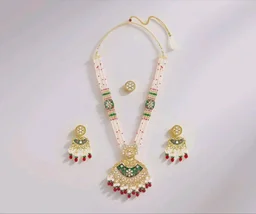 ZAVERI PEARLS Green Pink Meenakari Multistrand Beaded Bridal Kundan Long Necklace Earring & Ring Set For Women-ZPFK21763