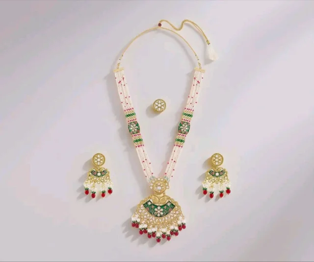 ZAVERI PEARLS Green Pink Meenakari Multistrand Beaded Bridal Kundan Long Necklace Earring & Ring Set For Women-ZPFK21763