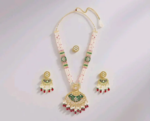 ZAVERI PEARLS Green Pink Meenakari Multistrand Beaded Bridal Kundan Long Necklace Earring & Ring Set For Women-ZPFK21763