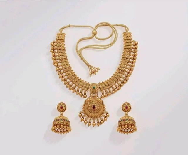 Gold-Plated Antique Temple Jewellery Set for Women - Traditional Necklace with Large Peacock Pendant & Matching Jhumka Earrings | Ethnic Festive & Bridal Wear Set with Ruby & Emerald Accents