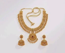Gold-Plated Antique Temple Jewellery Set for Women - Traditional Necklace with Large Peacock Pendant & Matching Jhumka Earrings | Ethnic Festive & Bridal Wear Set with Ruby & Emerald Accents
