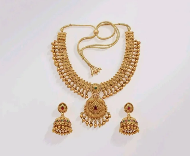 Gold-Plated Antique Temple Jewellery Set for Women - Traditional Necklace with Large Peacock Pendant & Matching Jhumka Earrings | Ethnic Festive & Bridal Wear Set with Ruby & Emerald Accents