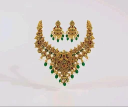 Okos Gold Plated Temple Necklace Set for Women And Girls | Traditional Multicolor Stone & Green Bead Statement Jewelry with Earrings | NL1000603GLD