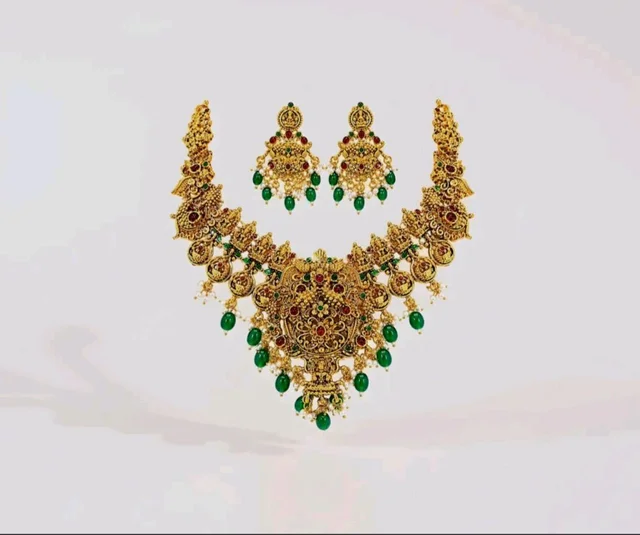 Okos Gold Plated Temple Necklace Set for Women And Girls | Traditional Multicolor Stone & Green Bead Statement Jewelry with Earrings | NL1000603GLD