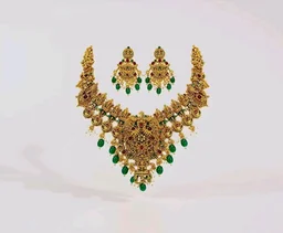 Okos Gold Plated Temple Necklace Set for Women And Girls | Traditional Multicolor Stone & Green Bead Statement Jewelry with Earrings | NL1000603GLD