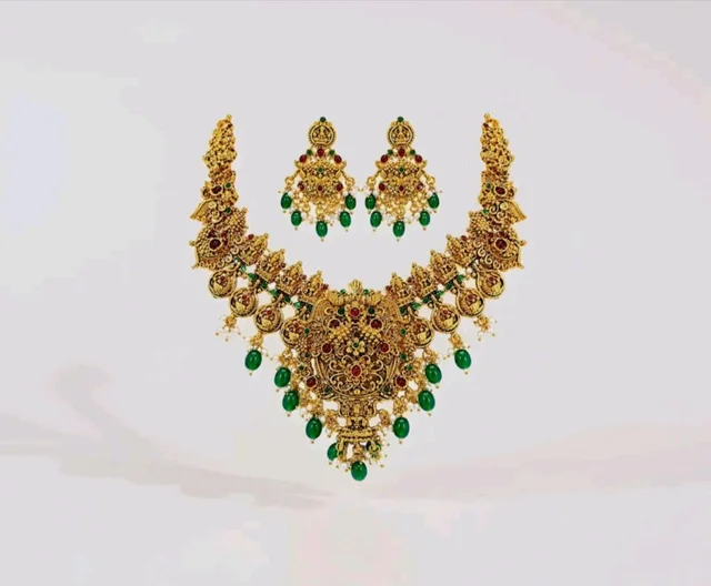 Okos Gold Plated Temple Necklace Set for Women And Girls | Traditional Multicolor Stone & Green Bead Statement Jewelry with Earrings | NL1000603GLD