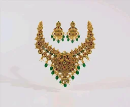 Okos Gold Plated Temple Necklace Set for Women And Girls | Traditional Multicolor Stone & Green Bead Statement Jewelry with Earrings | NL1000603GLD