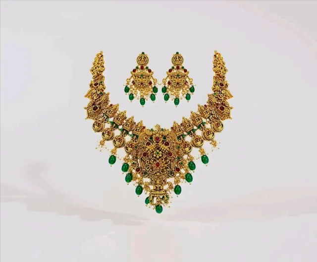 Okos Gold Plated Temple Necklace Set for Women And Girls | Traditional Multicolor Stone & Green Bead Statement Jewelry with Earrings | NL1000603GLD