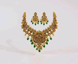 Okos Gold Plated Temple Necklace Set for Women And Girls | Traditional Multicolor Stone & Green Bead Statement Jewelry with Earrings | NL1000603GLD