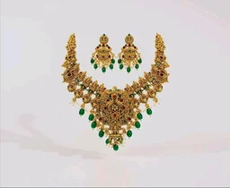 Okos Gold Plated Temple Necklace Set for Women And Girls | Traditional Multicolor Stone & Green Bead Statement Jewelry with Earrings | NL1000603GLD