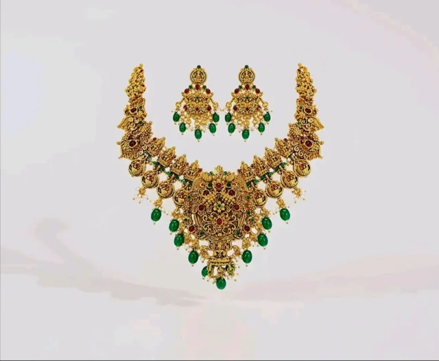 Okos Gold Plated Temple Necklace Set for Women And Girls | Traditional Multicolor Stone & Green Bead Statement Jewelry with Earrings | NL1000603GLD