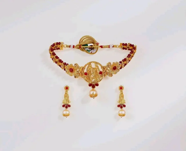 Estele Gehena Gold Plated Radha Krishan Floral Designer Aritifical Stones Choker Necklace Set for Girls and Women
