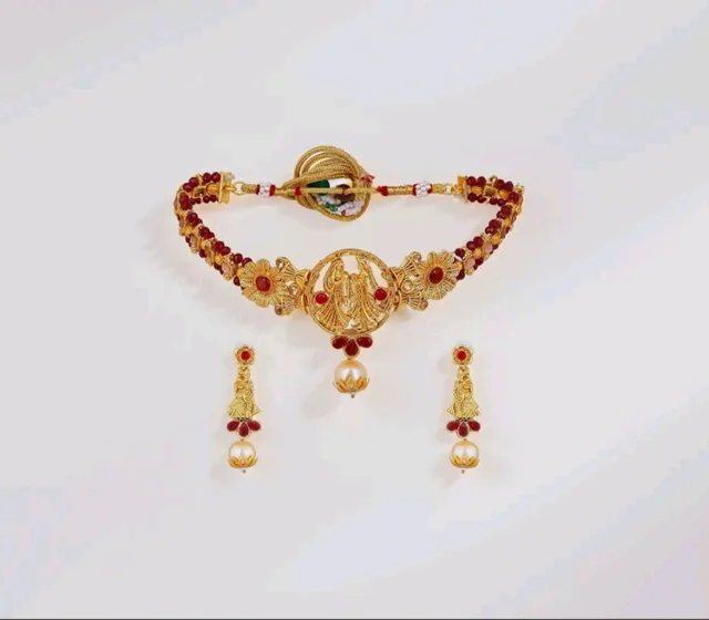 Estele Gehena Gold Plated Radha Krishan Floral Designer Aritifical Stones Choker Necklace Set for Girls and Women