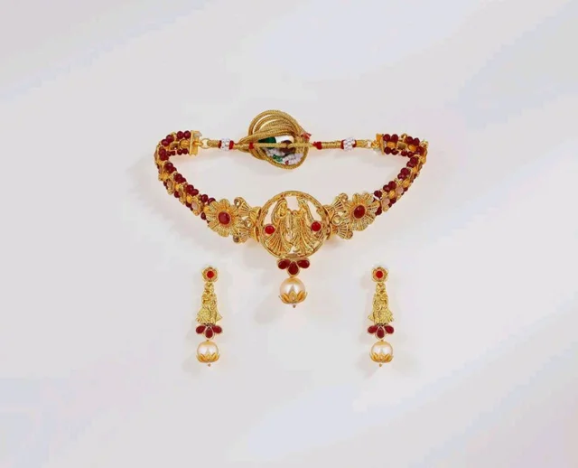 Estele Gehena Gold Plated Radha Krishan Floral Designer Aritifical Stones Choker Necklace Set for Girls and Women