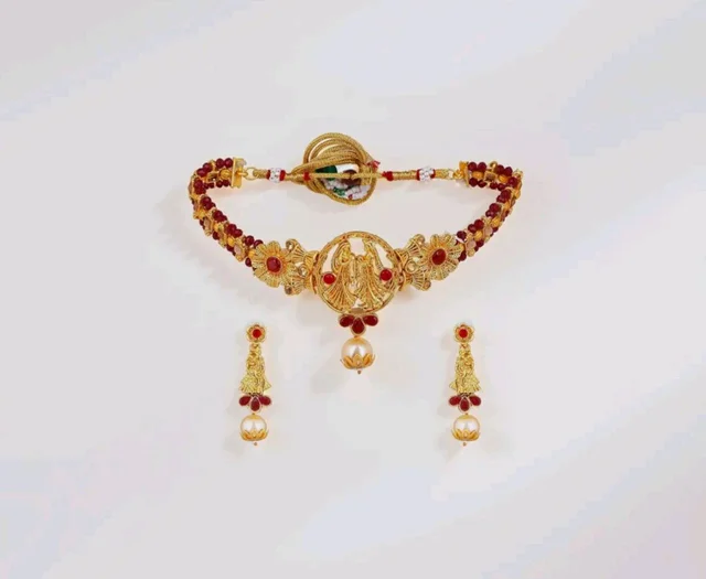 Estele Gehena Gold Plated Radha Krishan Floral Designer Aritifical Stones Choker Necklace Set for Girls and Women
