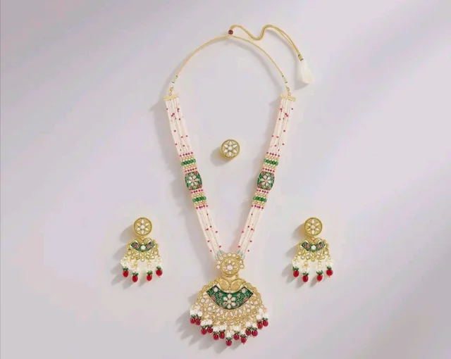 ZAVERI PEARLS Green Pink Meenakari Multistrand Beaded Bridal Kundan Long Necklace Earring & Ring Set For Women-ZPFK21763