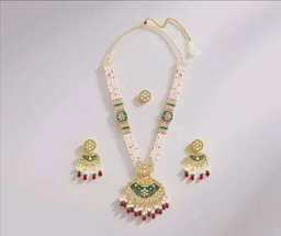 ZAVERI PEARLS Green Pink Meenakari Multistrand Beaded Bridal Kundan Long Necklace Earring & Ring Set For Women-ZPFK21763