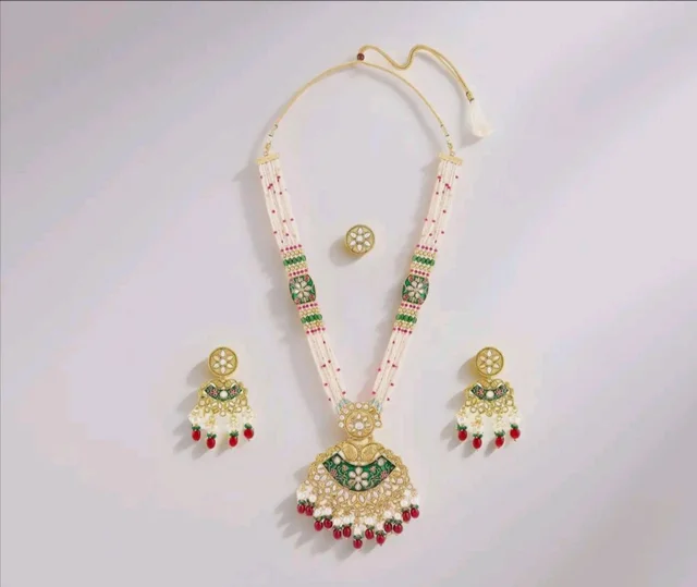 ZAVERI PEARLS Green Pink Meenakari Multistrand Beaded Bridal Kundan Long Necklace Earring & Ring Set For Women-ZPFK21763