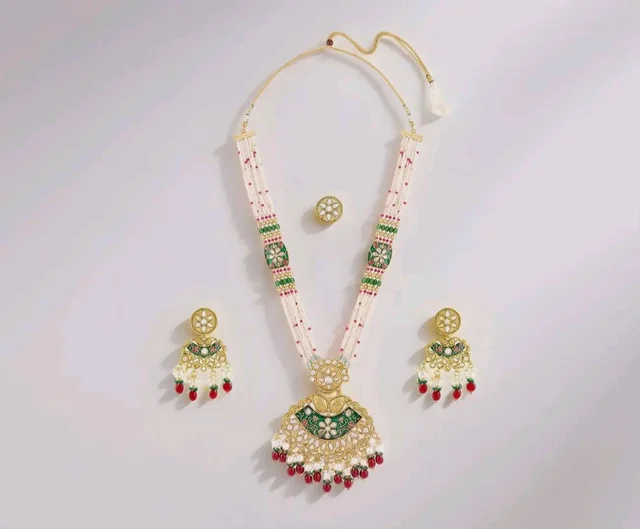 ZAVERI PEARLS Green Pink Meenakari Multistrand Beaded Bridal Kundan Long Necklace Earring & Ring Set For Women-ZPFK21763